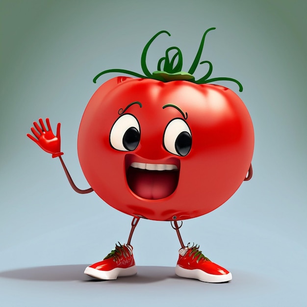 Photo le personnage d'une jolie tomate drôle a deux jambes fines porte un kochi lève la main vers le ciel