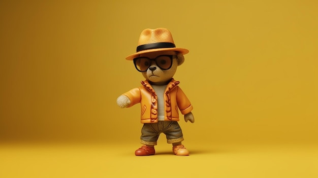 Personnage de jouet 3D ours en peluche élégant avec un chapeau et des lunettes de soleil sur fond jaune IA générative