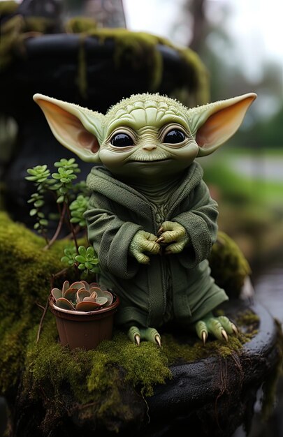 Photo un personnage de jouet avec une robe verte et une plante en arrière-plan