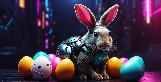 Photo personnage de lapin dans le style cyberpunk œufs de pâques autour sur fond futur