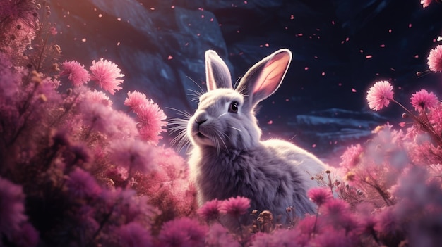 Personnage de lapin avec des fleurs