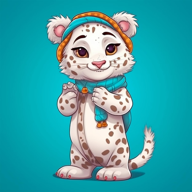 Photo personnage léopard des neiges dans un chapeau folklorique traditionnel vecteur dessin à la main de style livre pour enfants