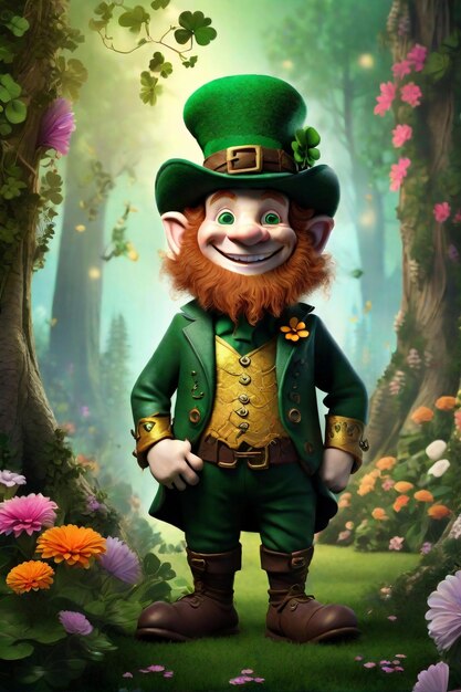 Un personnage de leprechaun diversifié avec des yeux verts émeraude et un sourire malicieux debout au milieu de la forêt