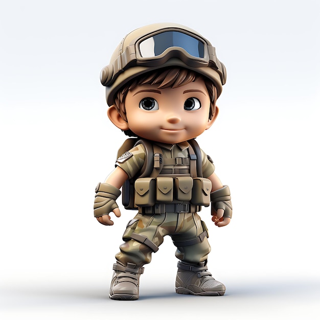 Personnage mascotte de l'armée d'enfant mignon en 3D