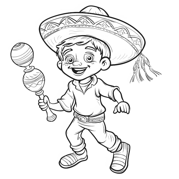 Photo personnage de mascotte de dessin animé noir et blanc avec sombrero et rattle
