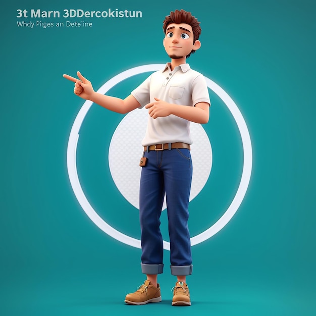 Personnage masculin en 3D pointant à côté de lui