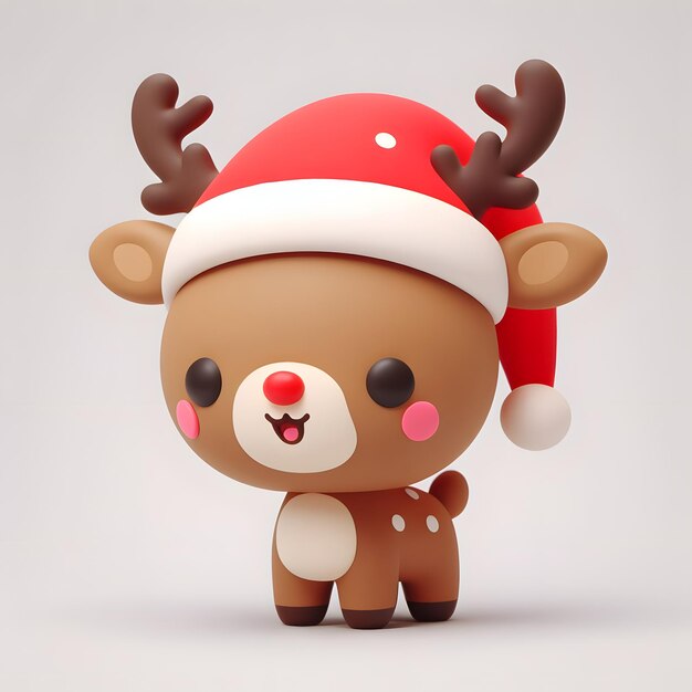 Photo un personnage mignon de cerf joyeux en 3d dans un chapeau de noël sur un fond plat