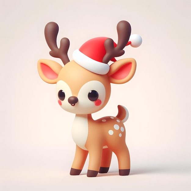 Un personnage mignon de cerf joyeux en 3D dans un chapeau de Noël sur un fond plat