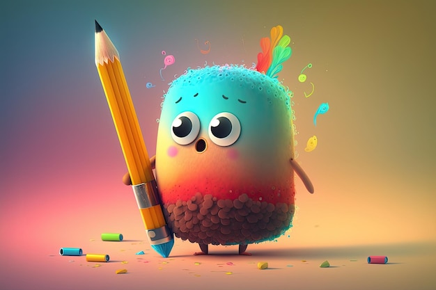 Personnage mignon avec un crayon à la main, dessin sur fond coloré