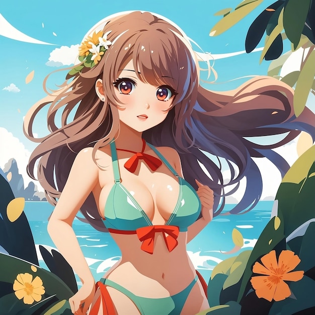Photo personnage mignon de filles d'anime fantasy portant un bikini à la plage