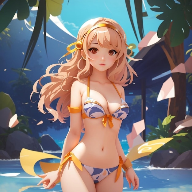 Photo personnage mignon de filles d'anime fantasy portant un bikini à la plage