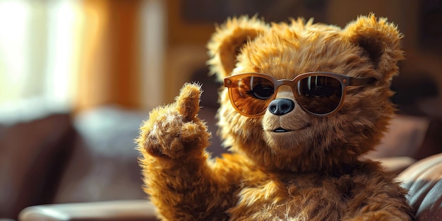 personnage mignon ours en peluche en lunettes de soleil pointe avec le doigt assis dans la pièce sur le canapé à la maison