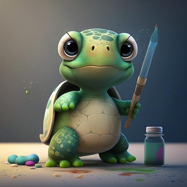 Personnage mignon de tortue de bande dessinée utilisant l'IA générative