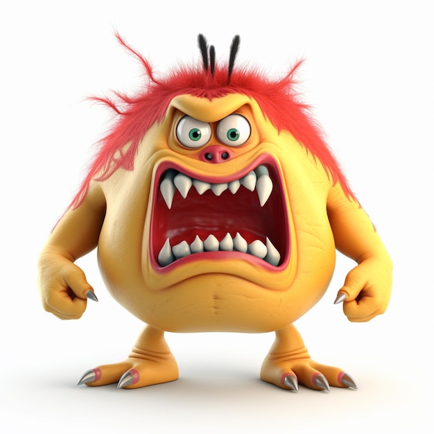 Personnage de monstre drôle jaune avec expression de colère illustration 3d ai générative