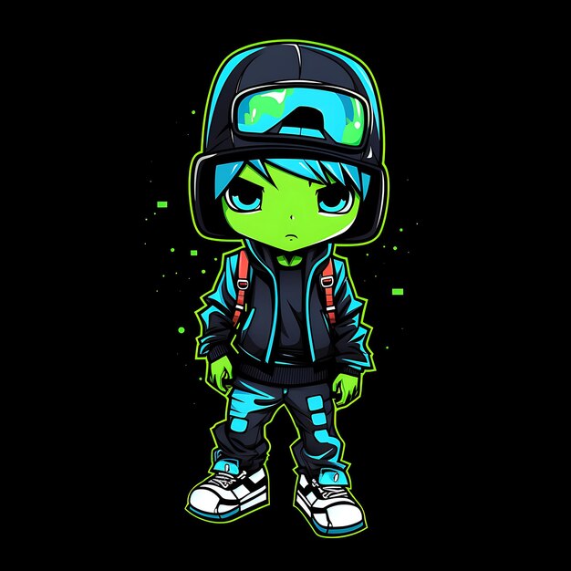 Personnage néon de Cool Chibi Boy avec coiffure Undercut et bonnet Skateboard Clipart ensemble d'autocollants