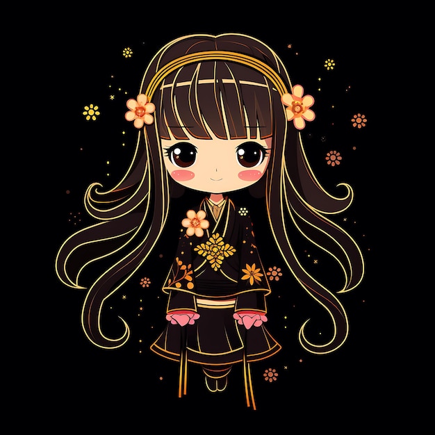 Personnage néon d'une élégante fille Chibi avec de longs cheveux fluides, ensemble d'autocollants pour clipart kimono traditionnel