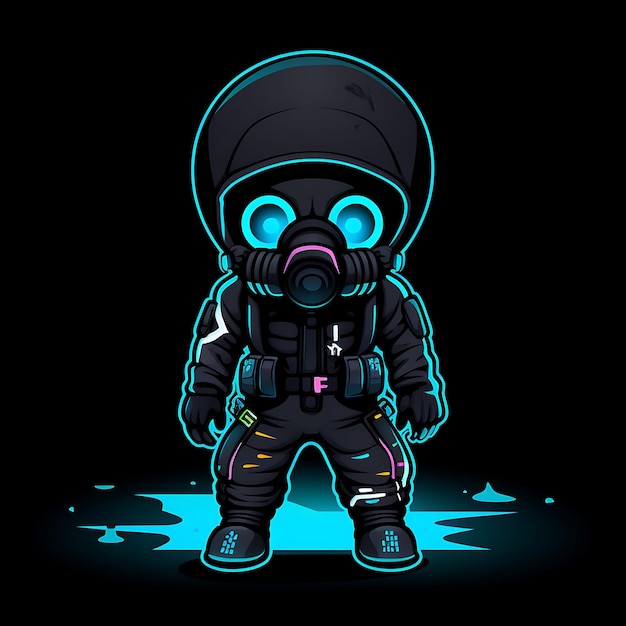 Personnage néon d’un garçon Chibi déterminé avec un ensemble d’autocollants Clipart de tenue post-apocalyptique Buzz Cut