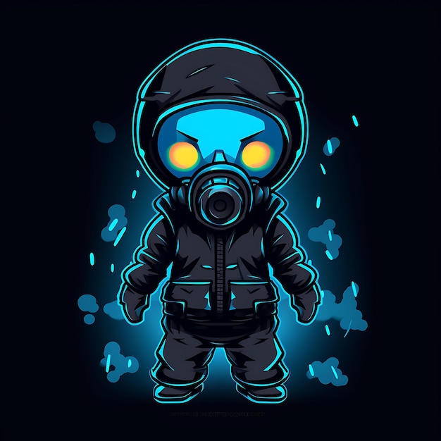 Personnage néon d’un garçon Chibi déterminé avec un ensemble d’autocollants Clipart de tenue post-apocalyptique Buzz Cut