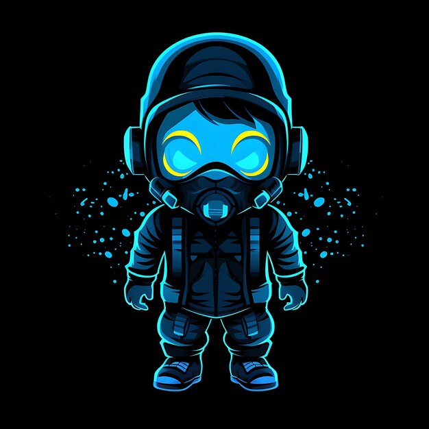 Personnage néon d’un garçon Chibi déterminé avec un ensemble d’autocollants Clipart de tenue post-apocalyptique Buzz Cut