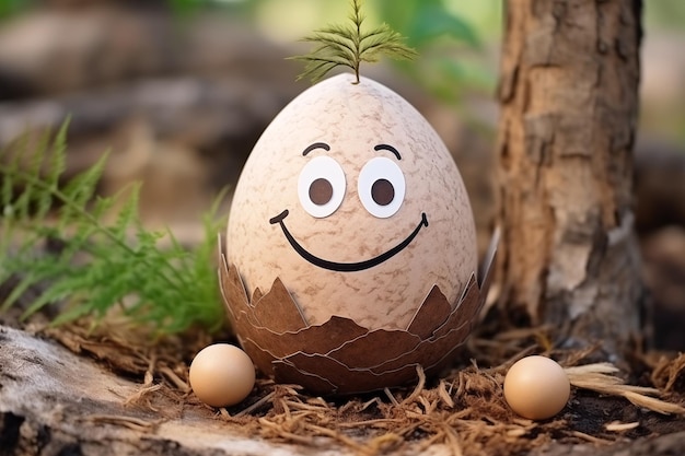 Personnage d'œuf de dessin animé avec une pousse en haut dans la forêt Belle décoration de Pâques