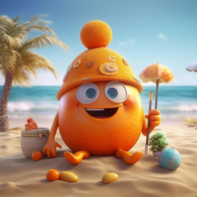 Un personnage orange coiffé d'un chapeau est assis sur une plage avec un parasol et un palmier en arrière-plan.