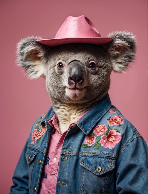 Photo un personnage d'ours koala portant une veste en jean bleu et un chapeau de cow-boy