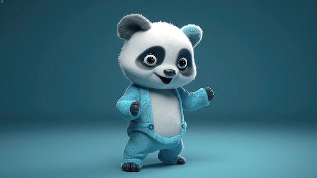 Un personnage de panda dans une tenue bleue avec un fond bleu.