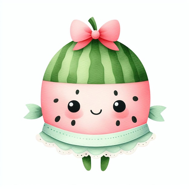 Un personnage de pastèque de dessin animé portant un chapeau rose et un nœud vert