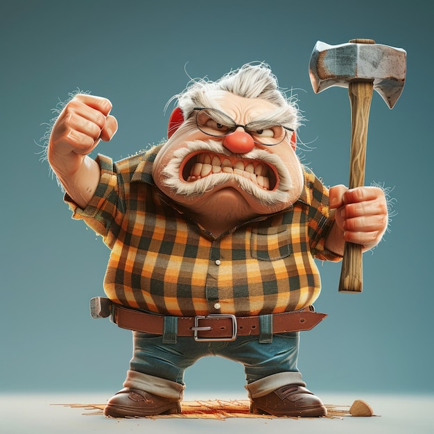 Personnage de père agressif dans un dessin animé 3D avec une batte et un marteau