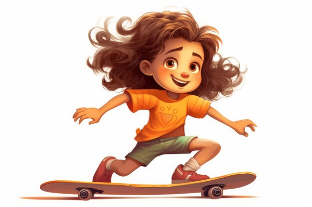 Personnage de petite fille chevauchant un skateboard sur fond blanc généré par l'IA