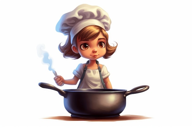 Personnage de petite fille habillé en chef remuant une casserole sur la cuisinière sur blanc généré par l'IA