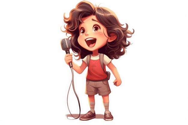 Personnage de petite fille tenant un microphone chantant avec passion et joie sur blanc généré par l'IA