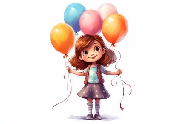 Personnage de petite fille tenant un tas de ballons colorés sur fond blanc généré par l'IA
