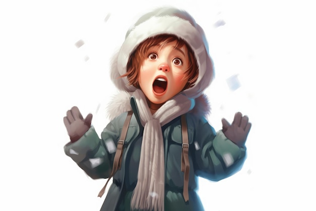 Personnage de petite fille vêtu d'un manteau d'hiver et d'un chapeau sur fond blanc généré par l'IA