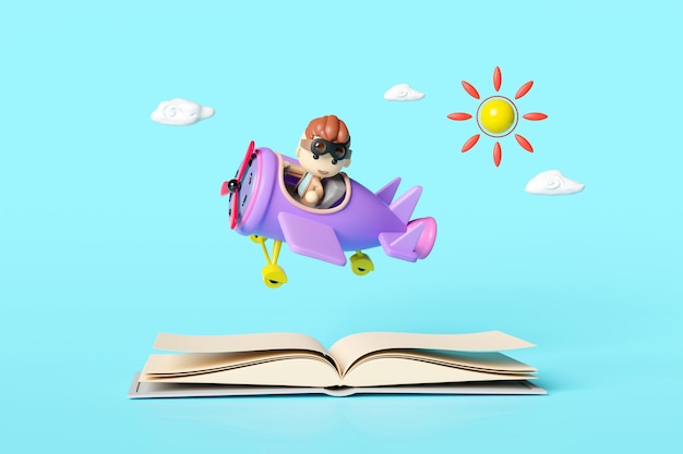 personnage de pilote enfant avec livre ouvert lunettes de pilote avion à hélice à l'aéroport isolé sur fond bleu retour à l'école concept d'éducation 3D render illustration chemin de coupe