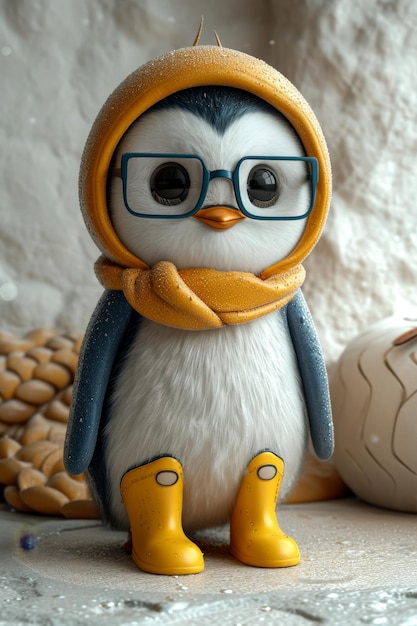 Un personnage de pingouin animé en bottes jaunes illustration 3D