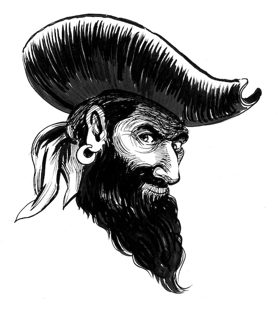 Photo personnage de pirate barbu au chapeau. dessin noir et blanc à l'encre