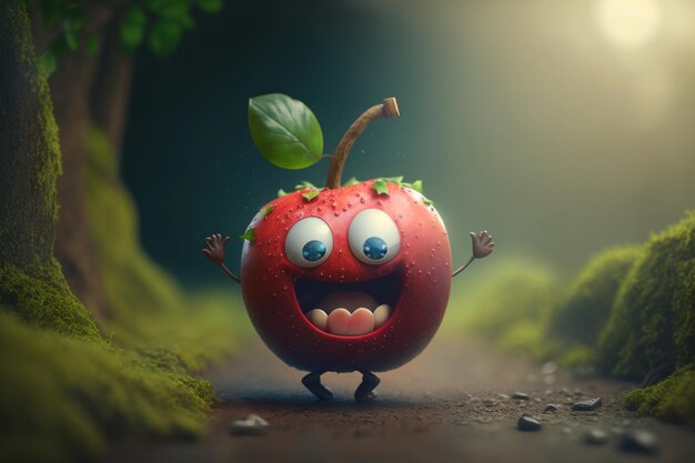 Personnage de pomme joyeuse riant dans un fond de monde fantastique Créé Generativa ai