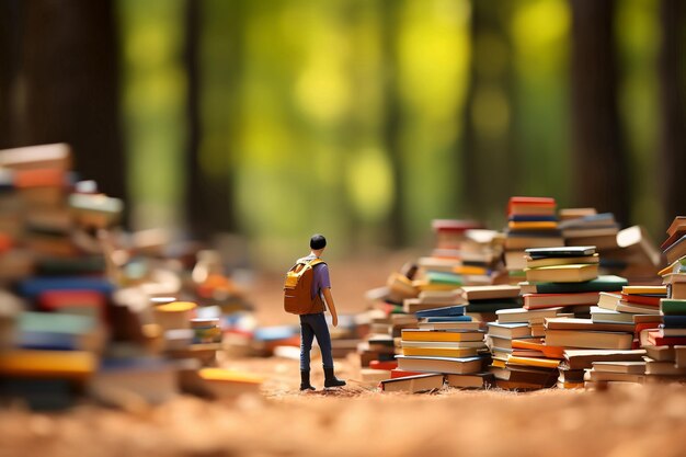 Un personnage portant un sac d'école se promène dans une forêt pleine de livres en train de lire une scène de concept éducatif