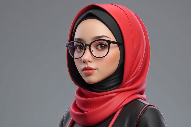 Personnage de profil de fille en 3D portant des vêtements rouges et un hijab noir et des lunettes