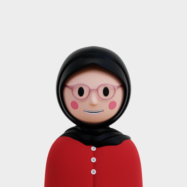 Personnage de profil de fille Illustration 3D portant des vêtements rouges et un hijab noir et des lunettes