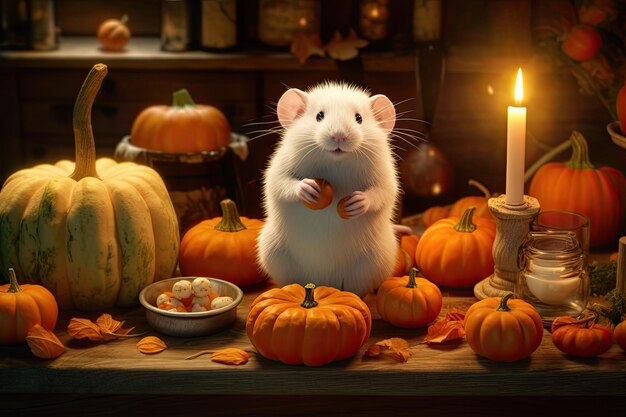 Personnage de rat mignon à la maison dans la forêt d'automne entourée de citrouilles