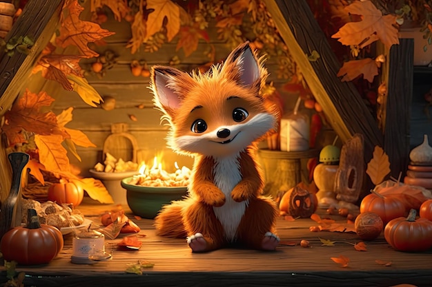 Personnage de renard mignon à la maison dans la forêt d'automne entouré de citrouilles ai générative