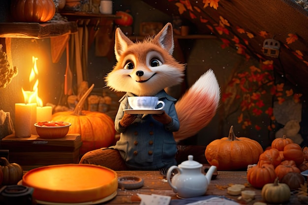 Personnage de renard mignon à la maison dans la forêt d'automne tenant une tasse de thé