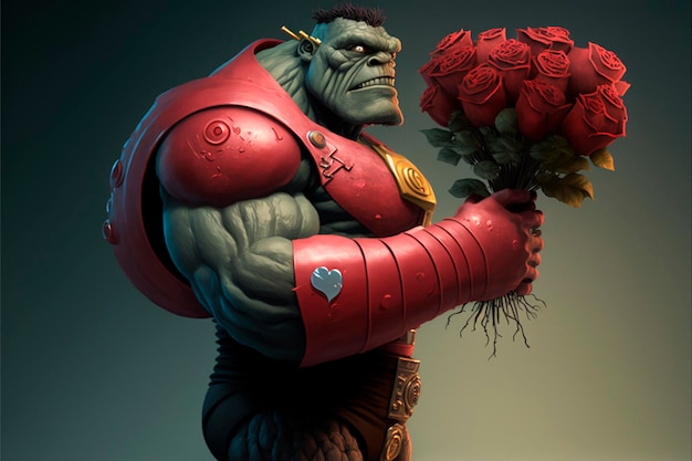Un personnage de robot de dessin animé tenant un bouquet de roses
