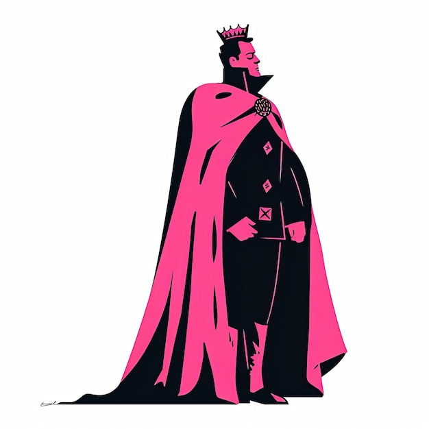 personnage royal en rose et noir cape sur fond blanc et logo dans le style graphique