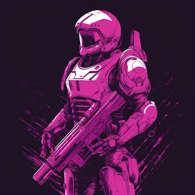 Un personnage de science-fiction halo violet avec une arme à feu