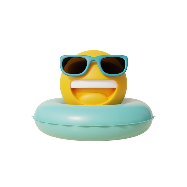 Personnage smiley 3d portant des lunettes de soleil avec anneau gonflable Plage de sable tropical d'été par une journée ensoleillée Vacances d'été rendu 3d