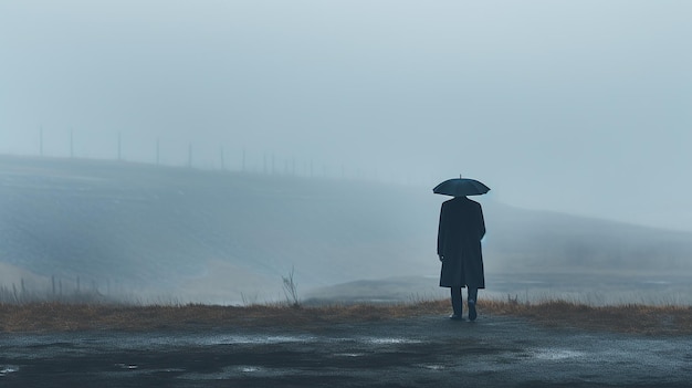 Un personnage solitaire marchant avec un parapluie sur un fond brumeux