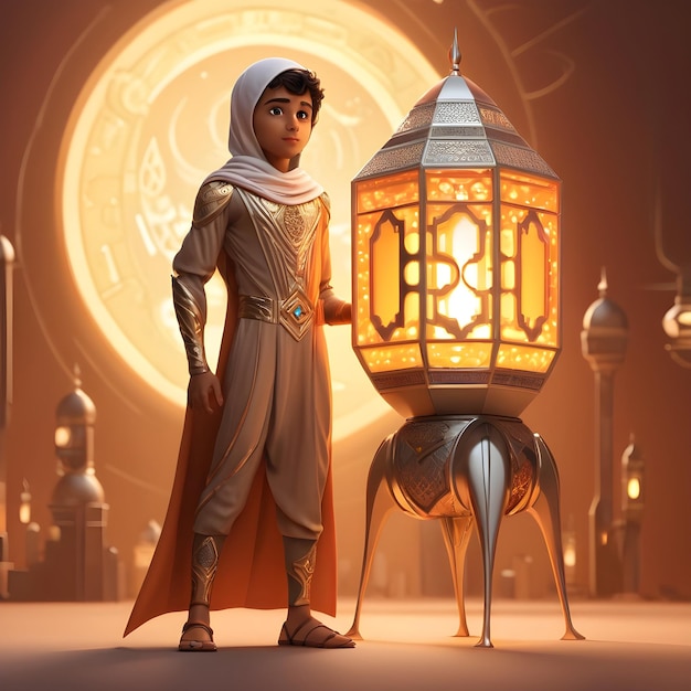 Un personnage de super-héros arabe en 3D et une lanterne du Ramadan